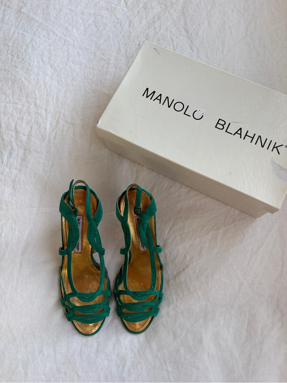 Vintage Manolo Blahnik Suede Strappy Loop Open Toe Heels Emerald Green - Picture 8 of 11